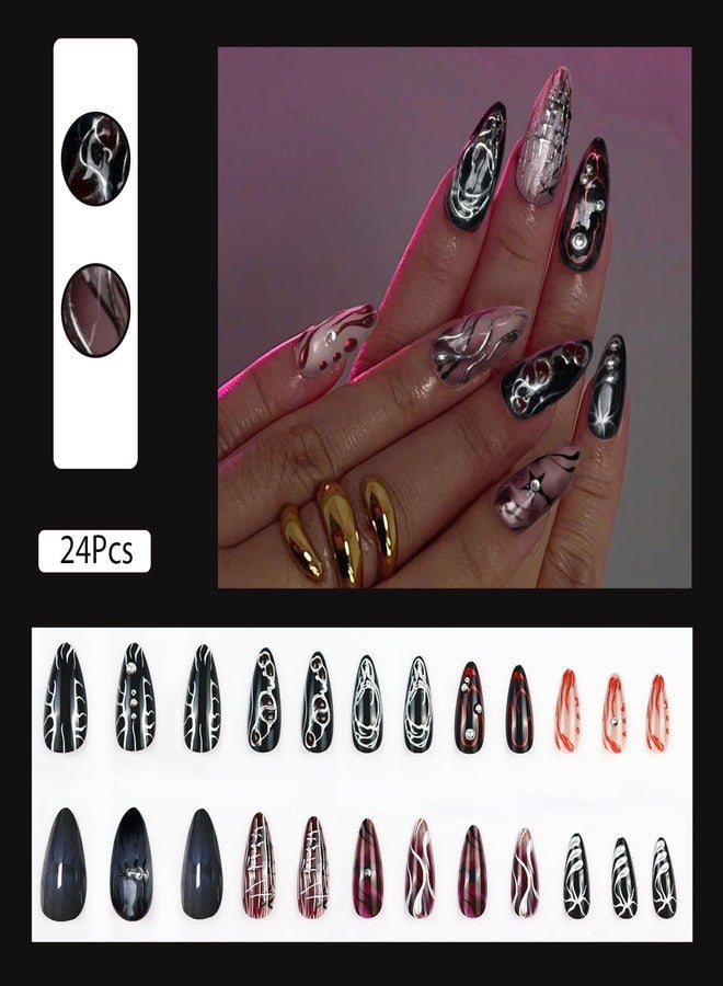 VOTACOS Goth Red Black Press on Nails Almond Medium Acrylic Fake Nails Press Ons with Glue 24Pcs Silver Lines Beads Y2K Stick on Nail with Designs 3D Star Artificial Glue on False Nail for Women - Image 5